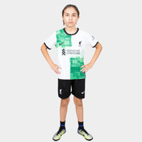 Thumbnail for Liverpool Kids Kit Away Season 23/24 Designed By Mitani Store , Regular Fit Jersey Short Sleeves And Round Neck Collar In White And Green Patterns Color