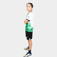 Thumbnail for Liverpool Kids Kit Away Season 23/24 Designed By Mitani Store , Regular Fit Jersey Short Sleeves And Round Neck Collar In White And Green Patterns Color