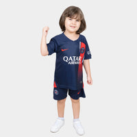 Thumbnail for Paris Saint Germain Kids Kit Home Season 23/24 Designed By Mitani Store , Regular Fit Jersey Short Sleeves And V-Neck Collar In Dark Blue Color