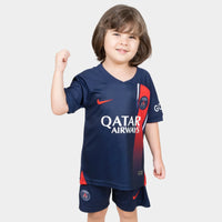 Thumbnail for Paris Saint Germain Kids Kit Home Season 23/24 Designed By Mitani Store , Regular Fit Jersey Short Sleeves And V-Neck Collar In Dark Blue Color