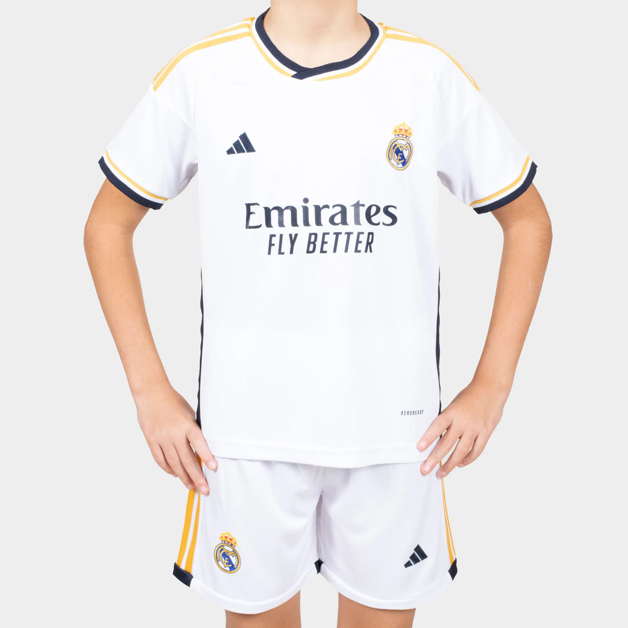 Real Madrid Kids Kit Home Season 23/24 Designed By Mitani Store , Regular Fit Jersey Short Sleeves And Round Neck Collar In White Color