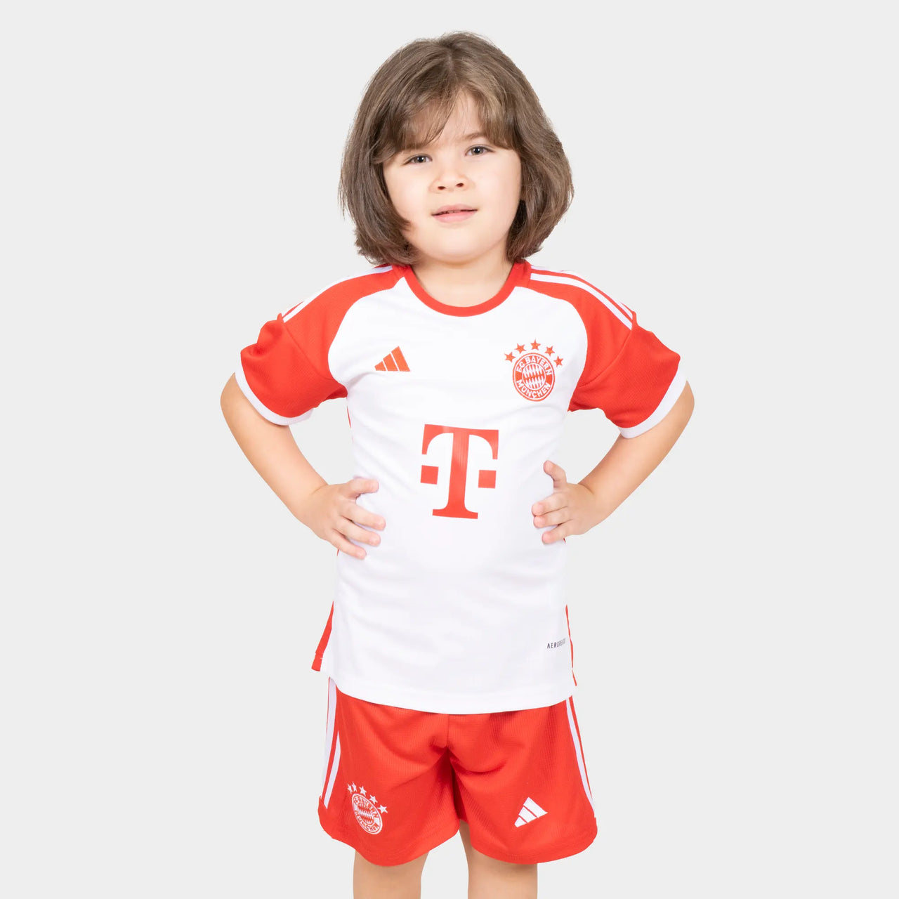 Bayern Munchin Kids Kit Home Season 23/24 Designed By Mitani Store , Regular Fit Jersey Short Sleeves And Ribbed Crewneck In White Color