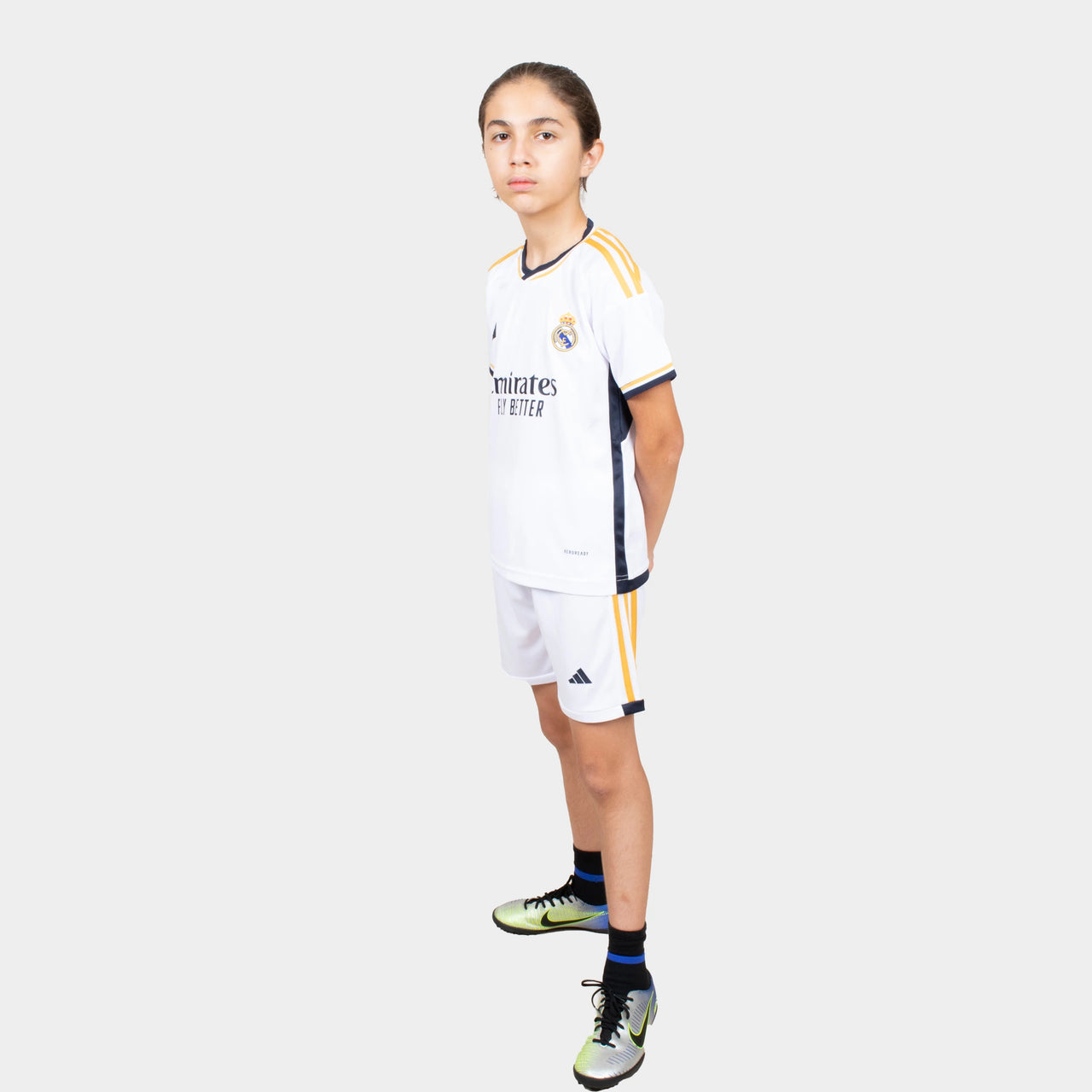 Real Madrid Kids Kit Home Season 23/24 Designed By Mitani Store , Regular Fit Jersey Short Sleeves And Round Neck Collar In White Color